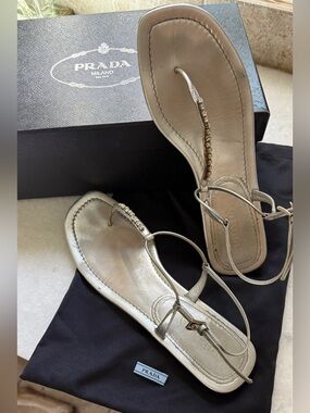 Prada Vernice Soft Nero Crystal Silver T-strap leather Sandals